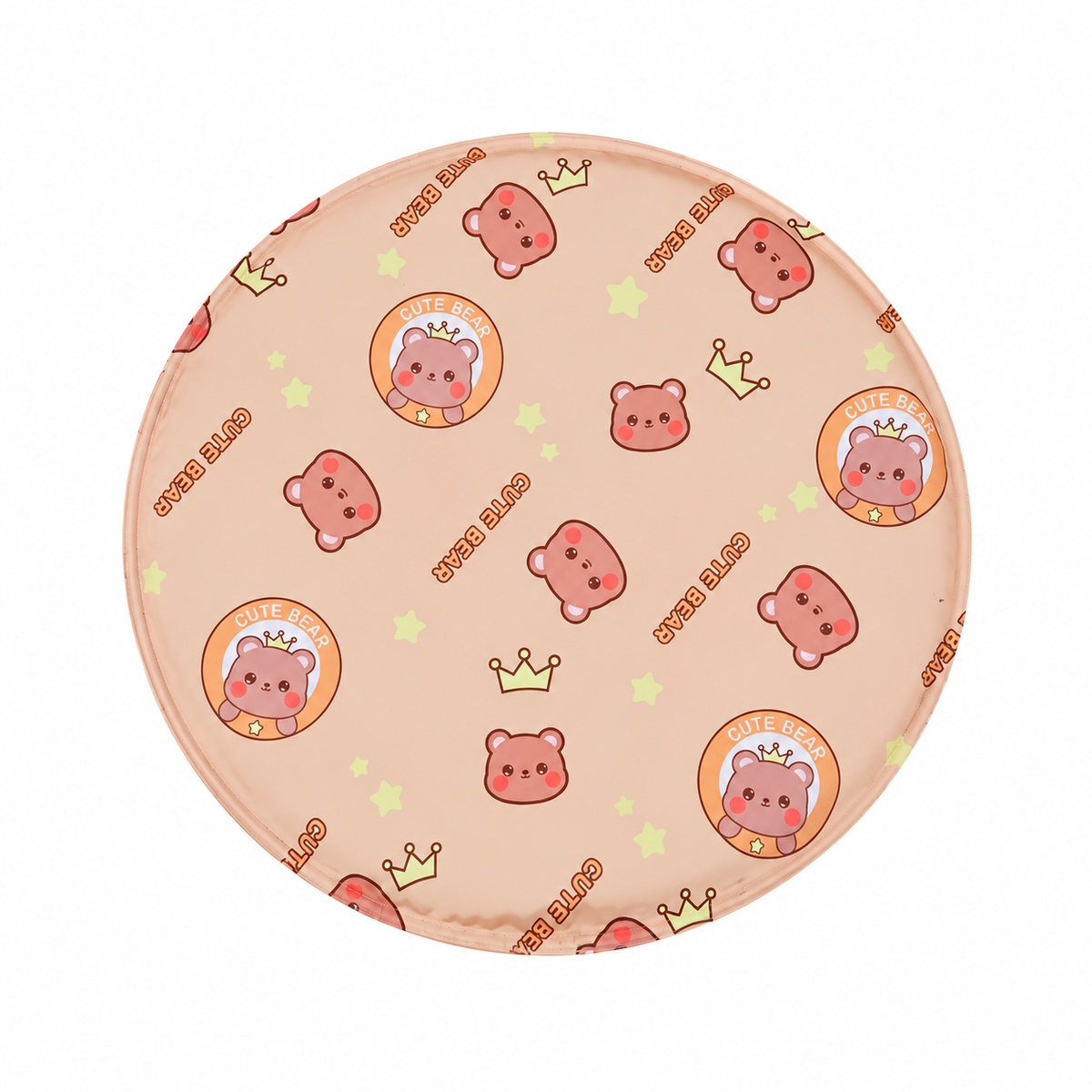 AI-retouched supplier design photo: peach round mat with bear, crown and star pattern and CUTE BEAR printing; external measurement labels removed.