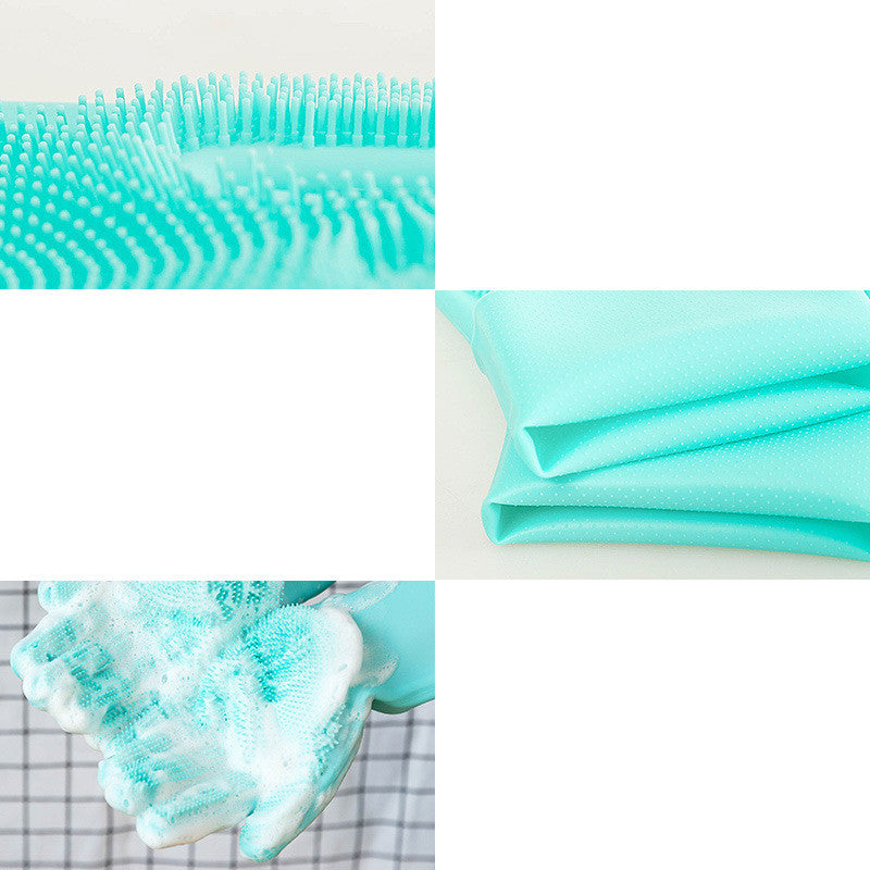 Close-up collage of teal glove bristles, folded cuff and sudsy palm