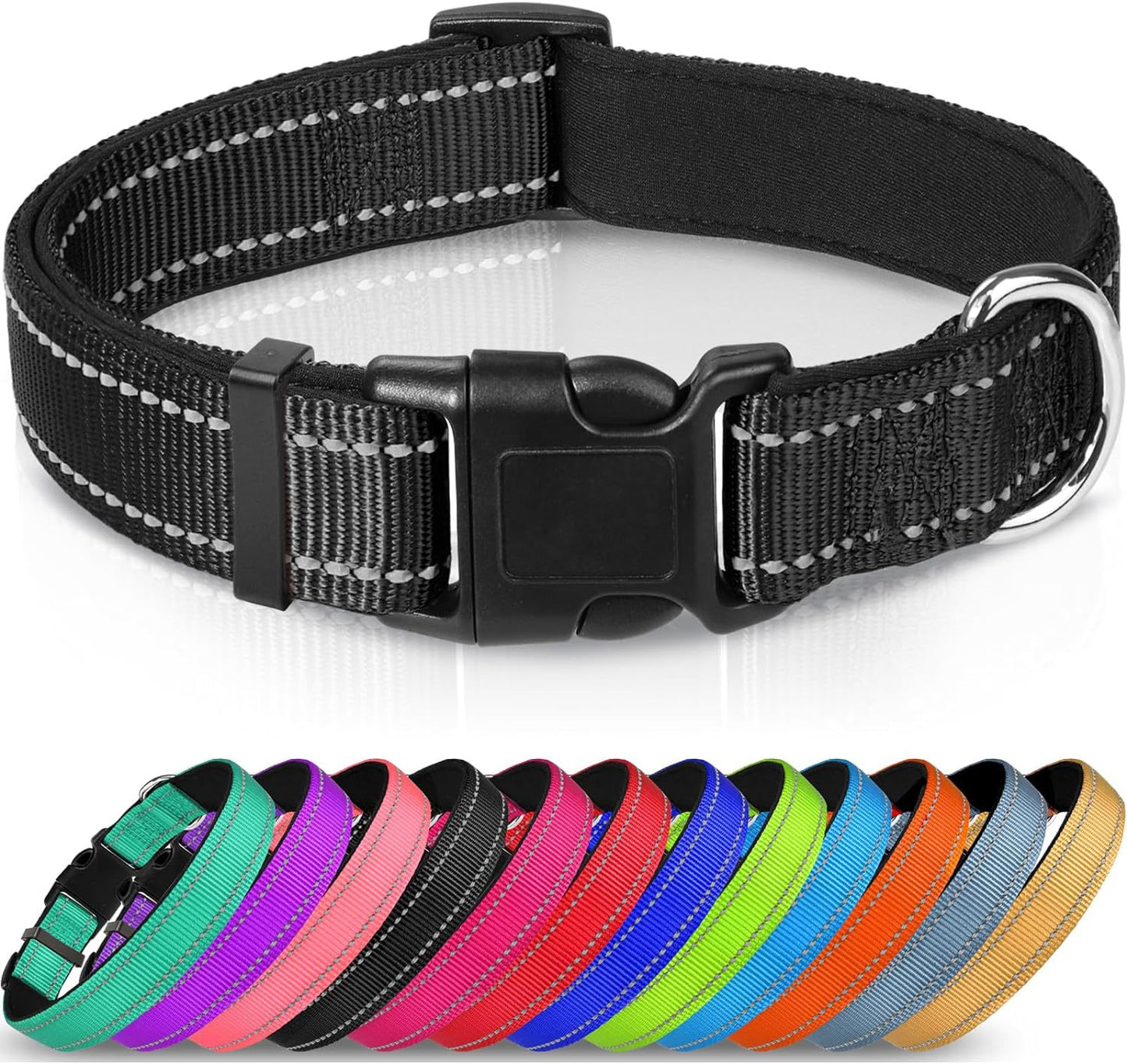 Black reflective-stitched dog collar with buckle and D-ring, shown above a row of collars in different colors.