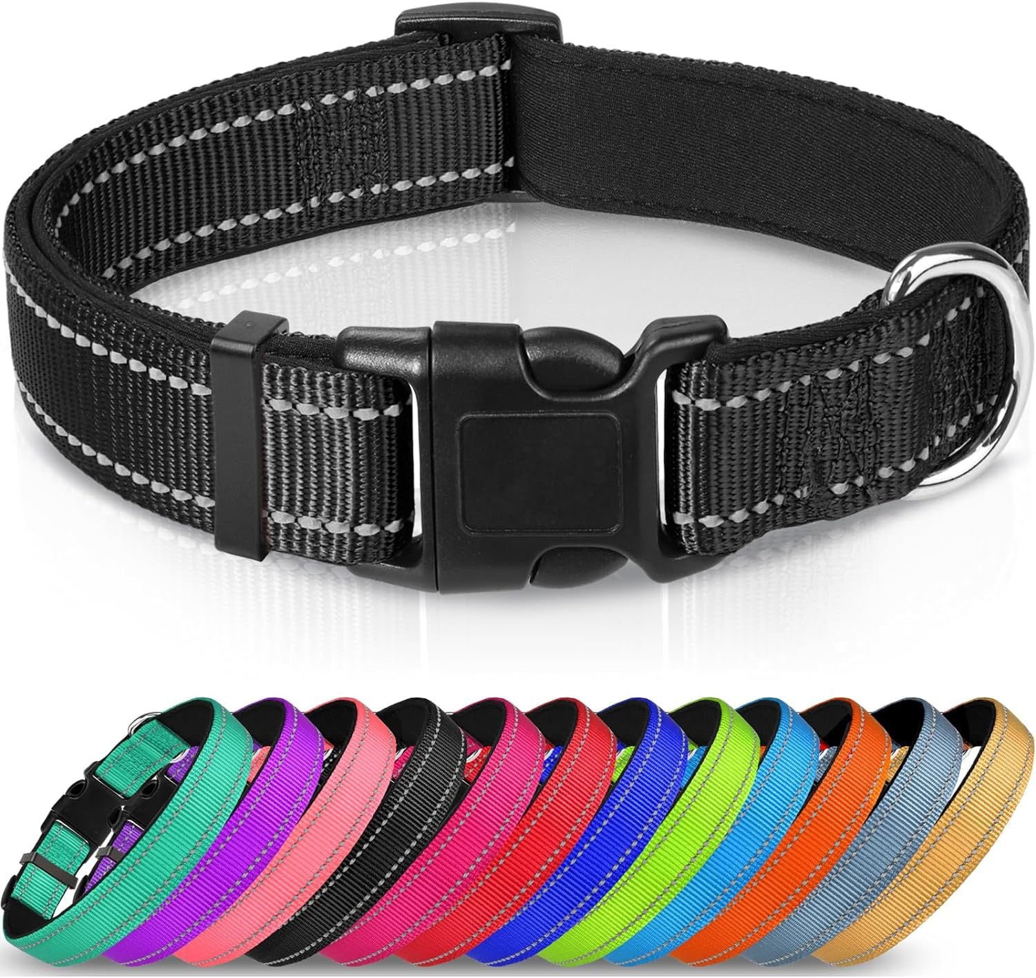 Black reflective-stitched dog collar with buckle and D-ring, shown above a row of collars in different colors.