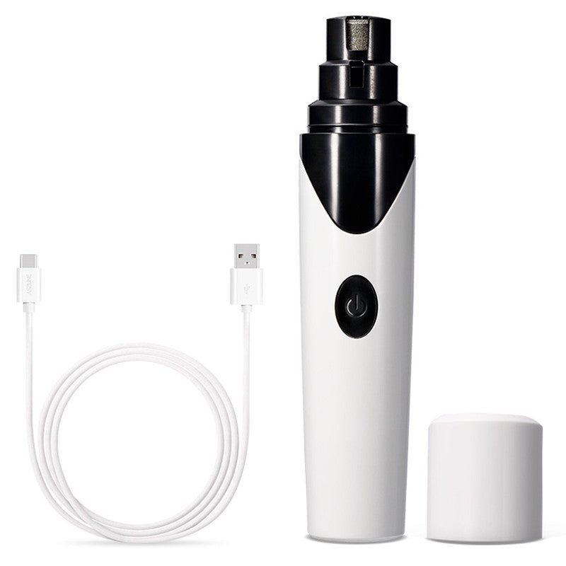 White and black USB-rechargeable pet nail grinder with charging cable and cap, on a white background.