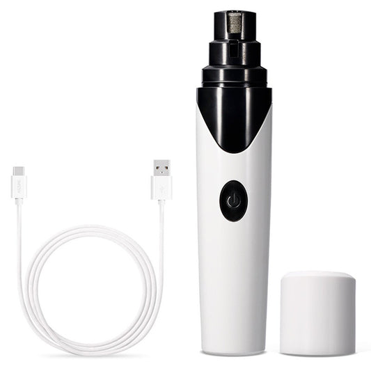 White and black USB-rechargeable pet nail grinder with charging cable and cap, on a white background.
