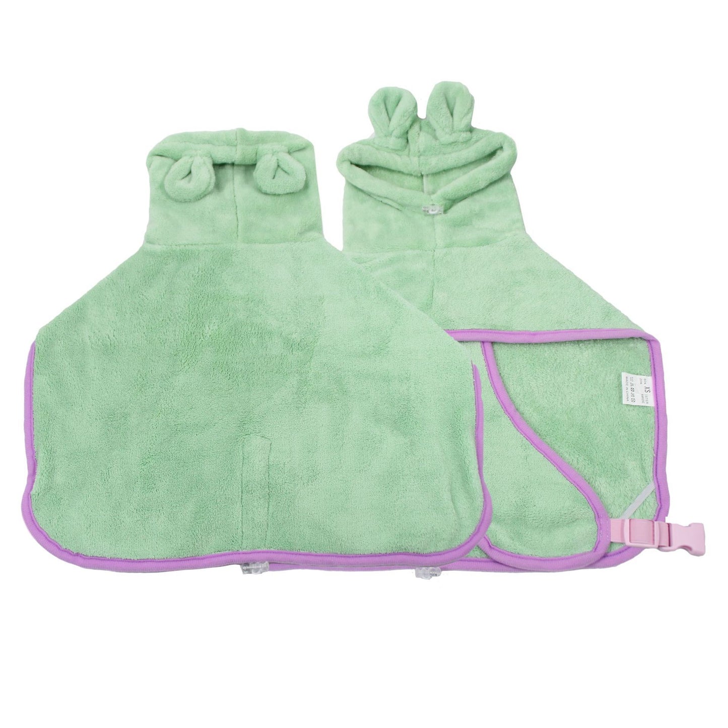 Green fleece dog bathrobe with bunny-ear hood, purple trim, and pink buckle strap, shown flat front and back.