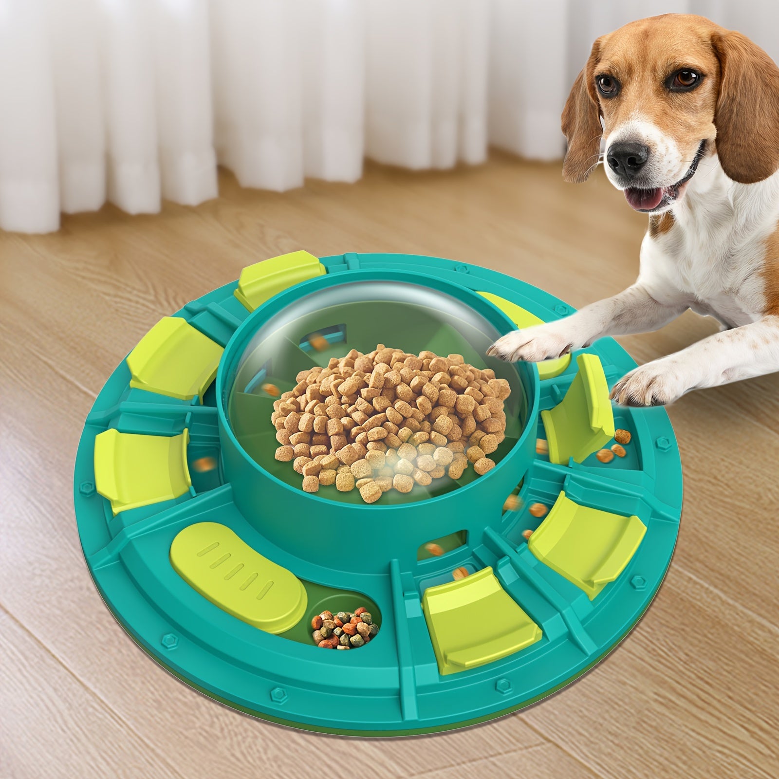 BrainBites IQ treat station with a beagle reaching for treats, clean lifestyle shot
