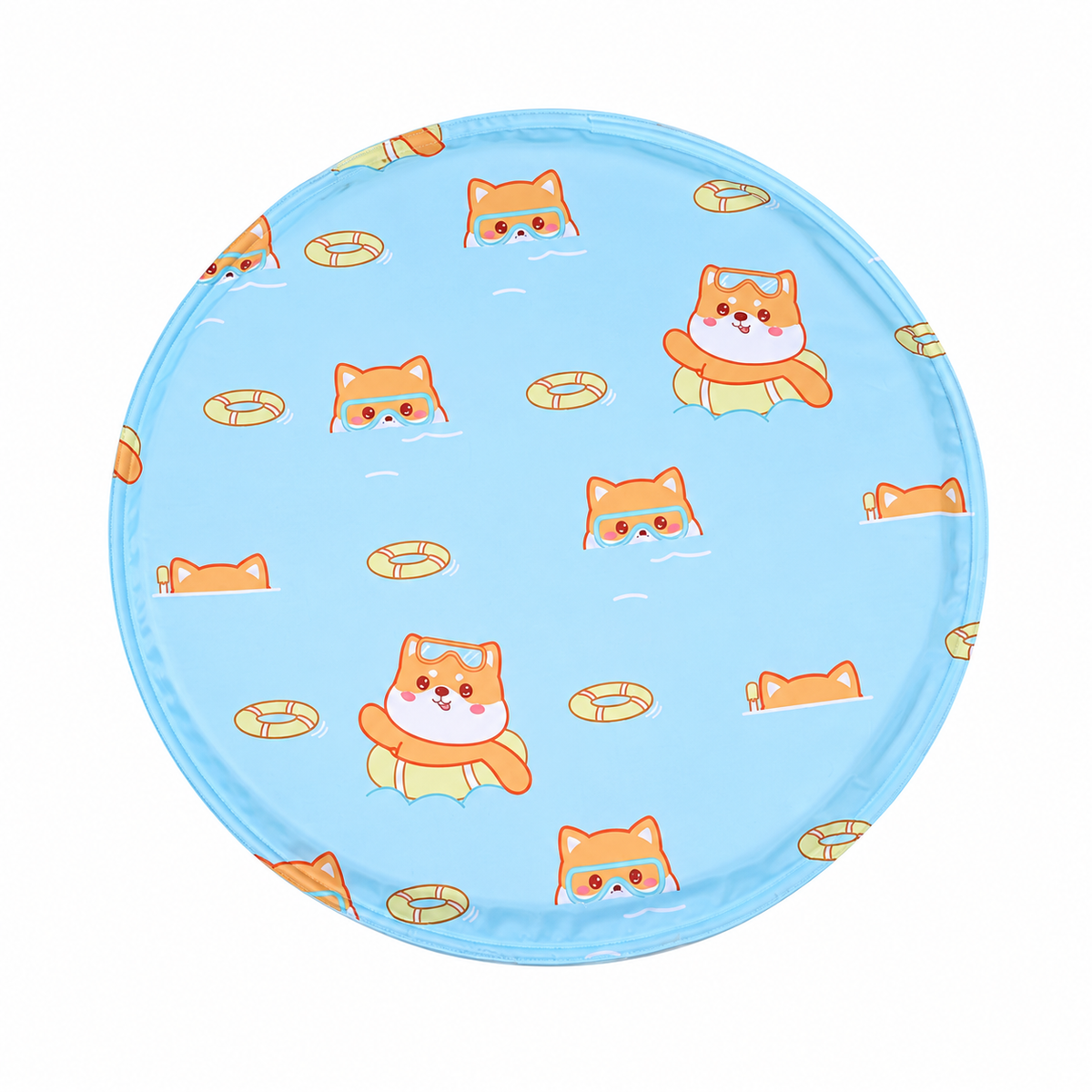 AI-retouched supplier design photo: blue round mat with a printed character and swim-ring pattern; external measurement labels removed.