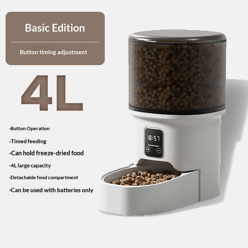 White 4L automatic pet feeder with digital timer display and food bowl, filled with kibble.