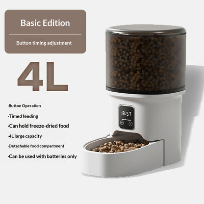 White 4L automatic pet feeder with digital timer display and food bowl, filled with kibble.