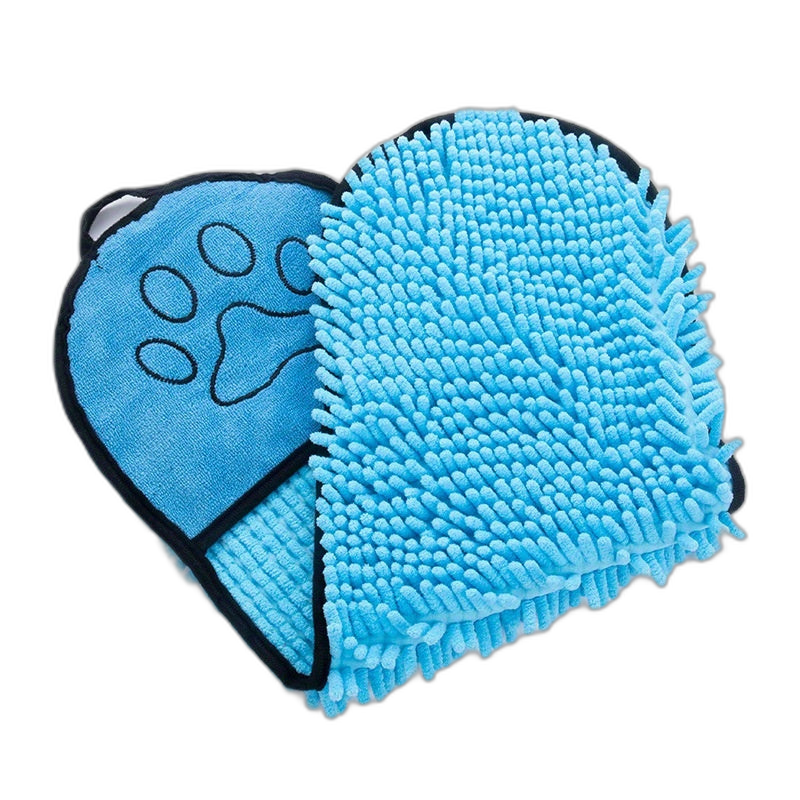 Blue microfiber pet grooming mitt with paw-print stitched side and chenille scrubbing side, on a white background.