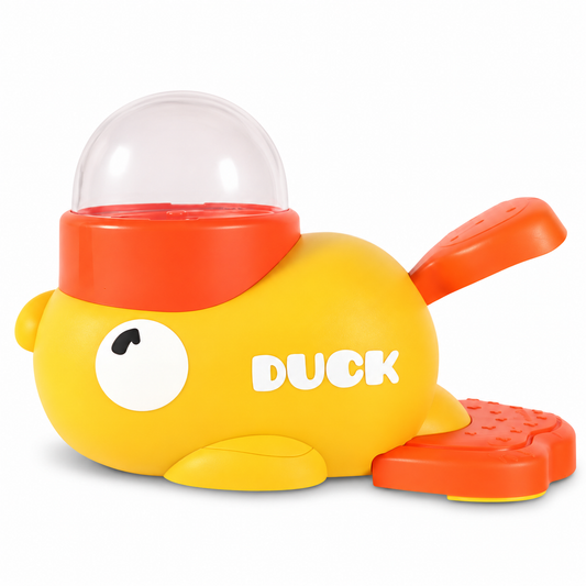 AI-retouched supplier image: yellow duck-shaped toy with an orange lever and pedal, and an empty clear dome.
