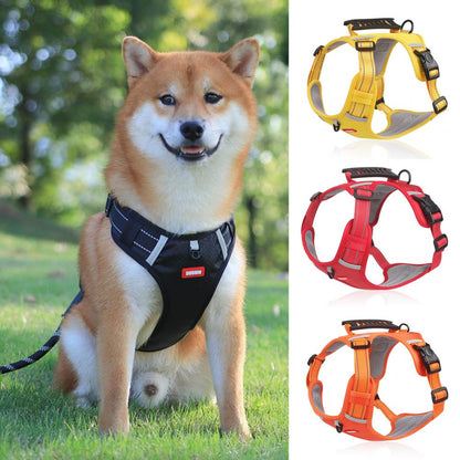 EasyStride reflective harness on dog with yellow red and orange color options