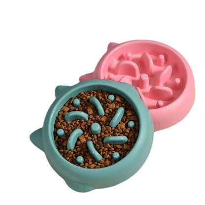 SlowMunch fun-shape bowl shown side by side in three colors with kibble