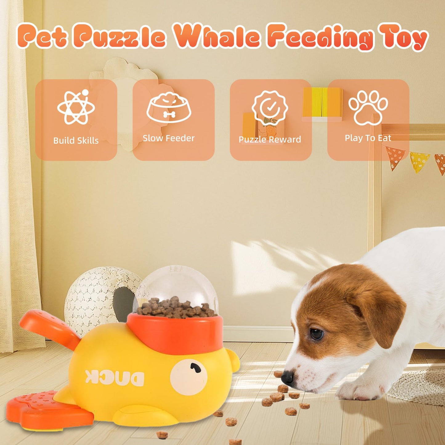 Yellow duck-shaped treat-dispensing dog toy with kibble scattered on the floor next to a puppy sniffing it.
