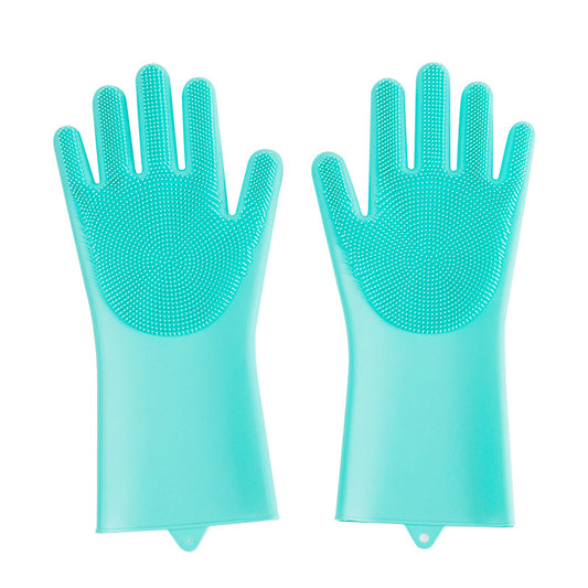 Pair of teal grooming gloves shown palm-up on a white background