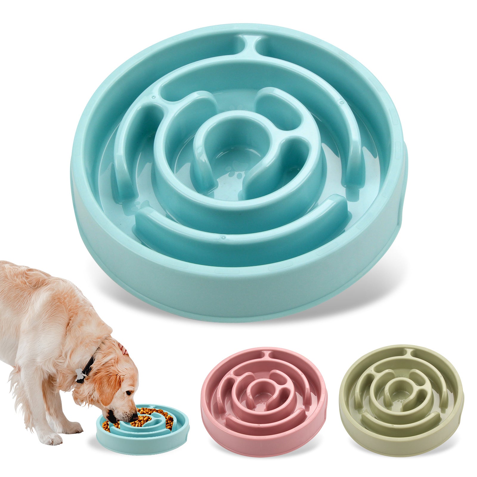 MazeMunch puzzle feeder in three colors with kibble and a dog eating from it