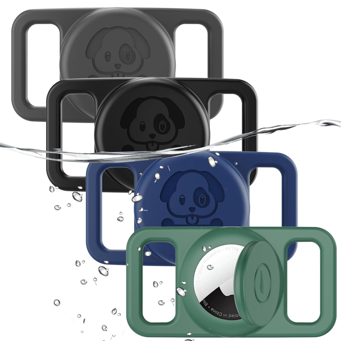 TagPocket AirTag sleeve in multiple colors showing water resistance