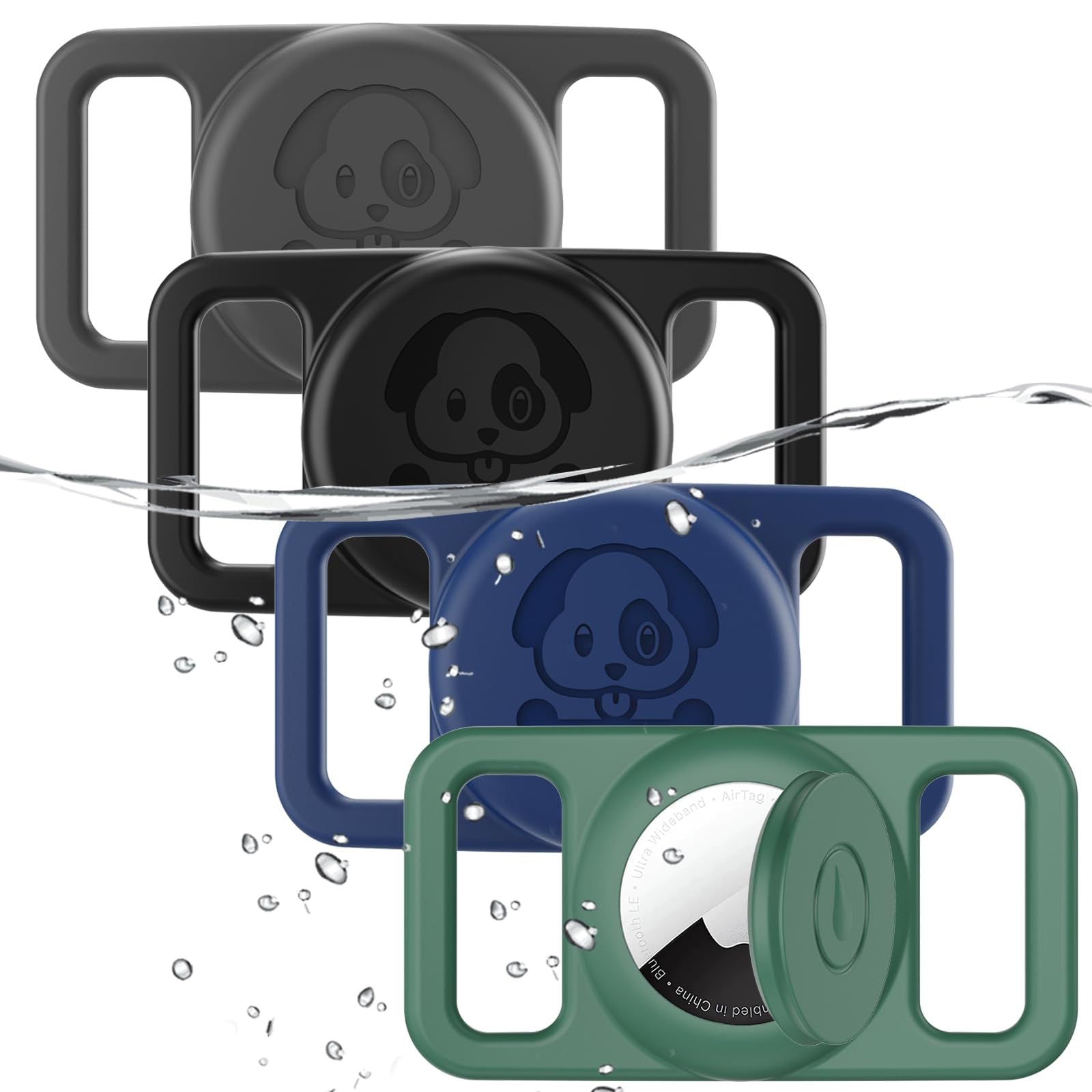 TagPocket AirTag sleeve in multiple colors showing water resistance