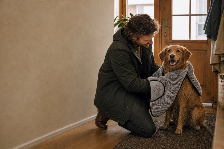 Dog owner drying a dog's paw in a warm entryway after a walk
