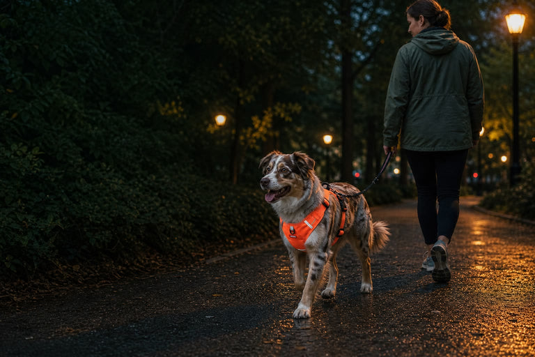 Person walking a leashed dog through a tree-lined park at dusk